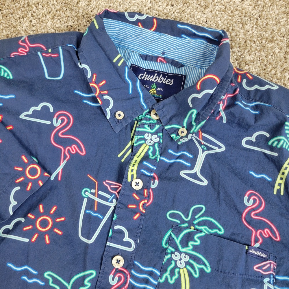 Chubbies Mens Small Blue AOP Floral Flamingo Button Down Short Sleeve